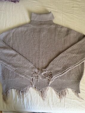 Just Polly Turtleneck Distressed Knit Sweater in Taupe size M